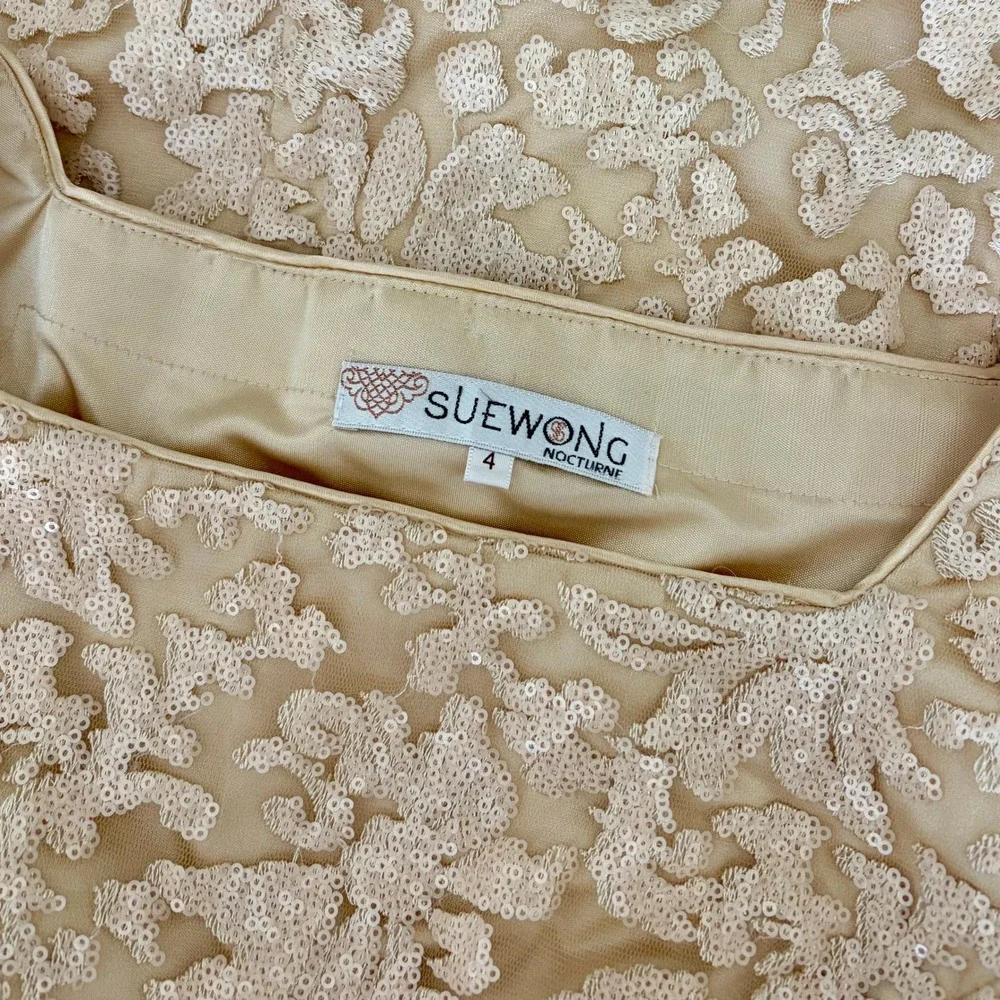 SUE WONG Nocturne Champagne Sequin Sleeveless Party Cocktail Sheath Dress Size 4 - Picture 12 of 15